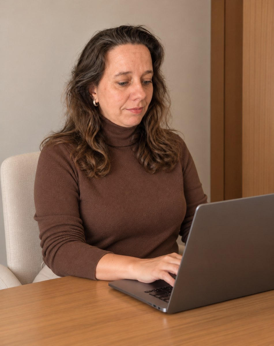 Janaina diante do notebook para atendimento online